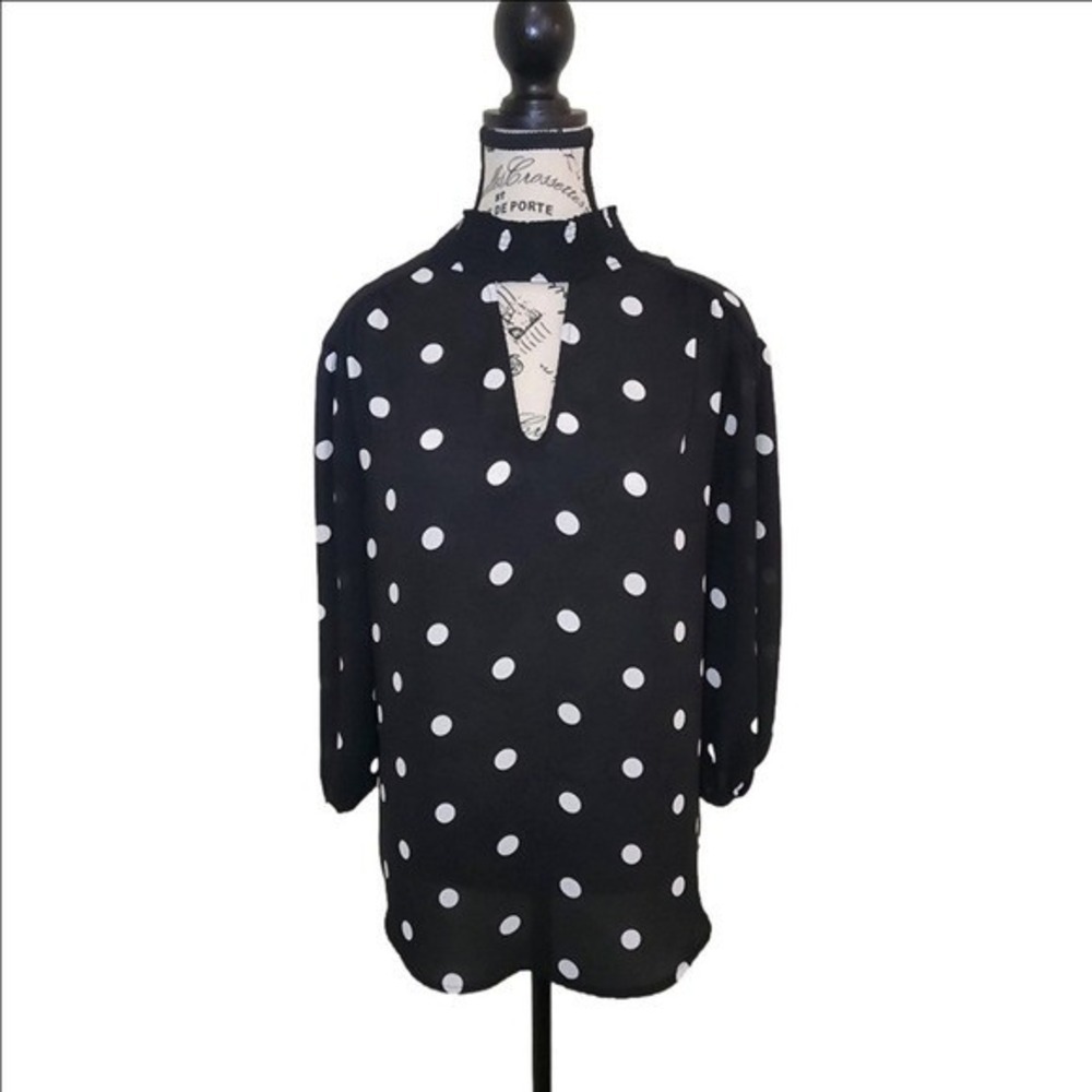 7th Avenue New York‎ & Company Black White Polka Dot Mock Neck Blouse Size M